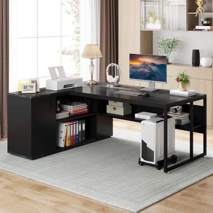71" L Shaped Executive Desk With Storage Cabinet & Shelves, Large Industrial Home Office Computer Desk, Business Workstation With Printer Cabinet & Cpu Stand, Black