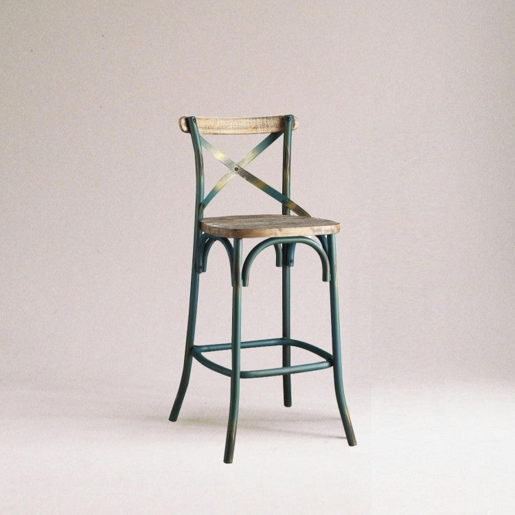 Antique Turquoise Finish Metal Frame Vintage Style Bar Chair 1Pc Wooden Seat Dining Furniture