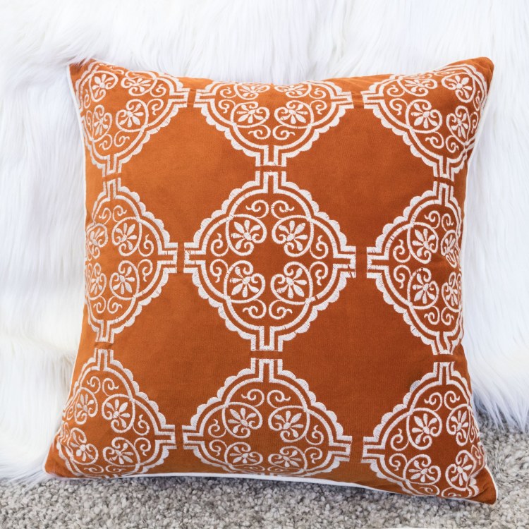 Burnt Orange Damask Embroidered Throw Pillow Boho Geometric Cushion