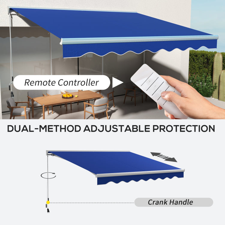 Outsunny 13' X 10' Electric Awning With Led Lights, Retractable Awning, Uv40 Sun Shade Shelter With Remote Controller And Crank Handle For Deck, Balcony, Yard, Blue