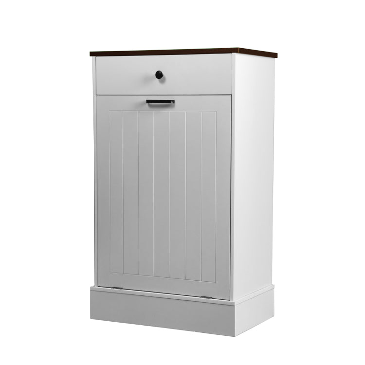 Tilt Out Trash Can Cabinet, Hidden Wooden Trash Can Cabinet With Drawer, Free Standing Garbage Cabinet For Kitchen, 10 Gallon Farmhouse Laundry Hamper Cabinet For Kitchen, Living Room White