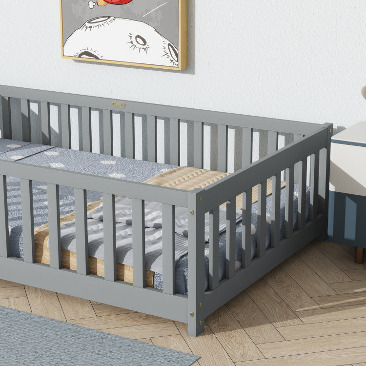 Twin Size Floor Bed With Fence Without Door, Rubber Wood Floor Bed With Safety Guardrails,Grey