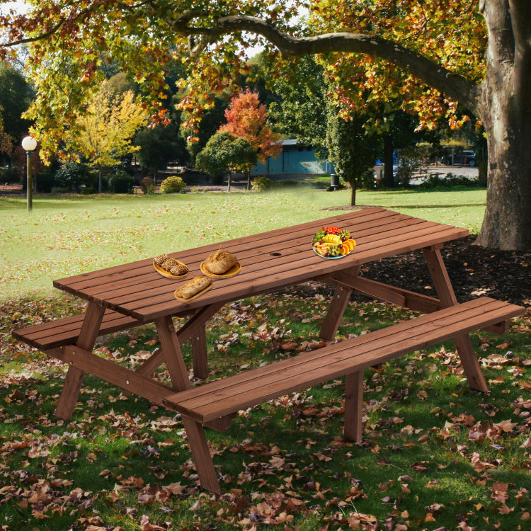 8 Person Brown Wooden Picnic Table, Outdoor Camping Dining Table With 2 Seats, Garden, Diy With 2 Built In Benches, 2220Lb Capacity
