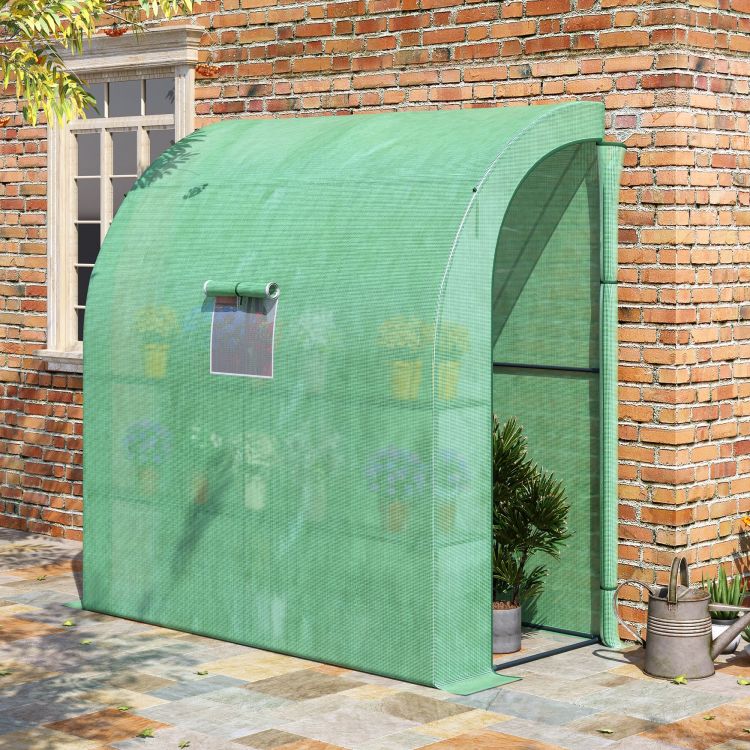Outsunny 7' X 3' X 7' Lean To Greenhouse, Walk In Green House, Plant Nursery With 2 Roll Up Doors And Windows, Pe Cover And 3 Wire Shelves, Green