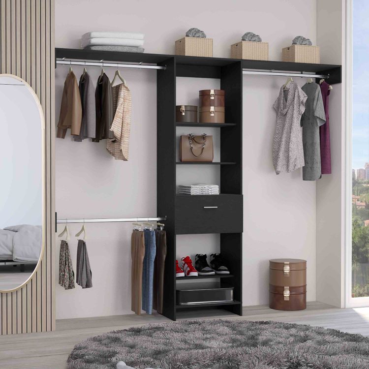 Closet System, One Drawer, Three Metal Rods, Five Open Shelves, Black