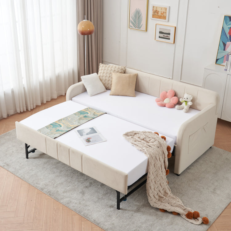 Twin Upholstered Daybed Frame With Trundle, Twin Size Sofa Bed For Bedroom Living Room Guest Room, Wood Slat Support, Beige