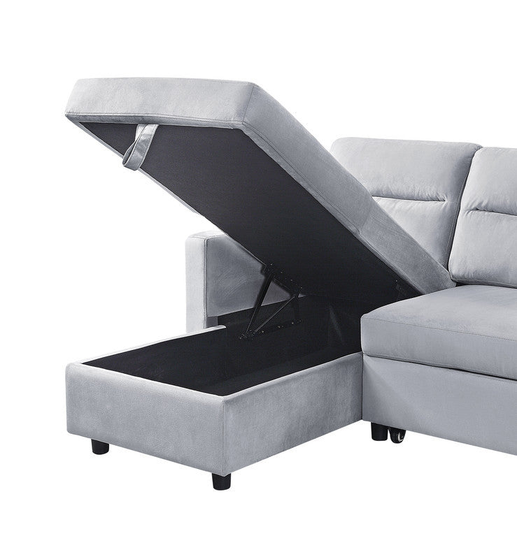Iride 81.5"W Light Gray Velvet Reversible Sleeper Sectional Sofa With Storage Chaise And Side Pocket
