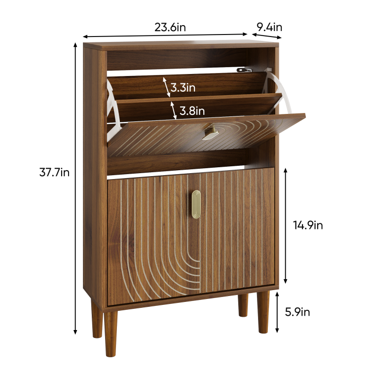Shoe Storage Cabinet With 2 Flip Drawers,Free Standing Shoe Cabinet With Metal Handles For Entryway,Shoe Rack Cabinet With Line Groove Design,23.6"W