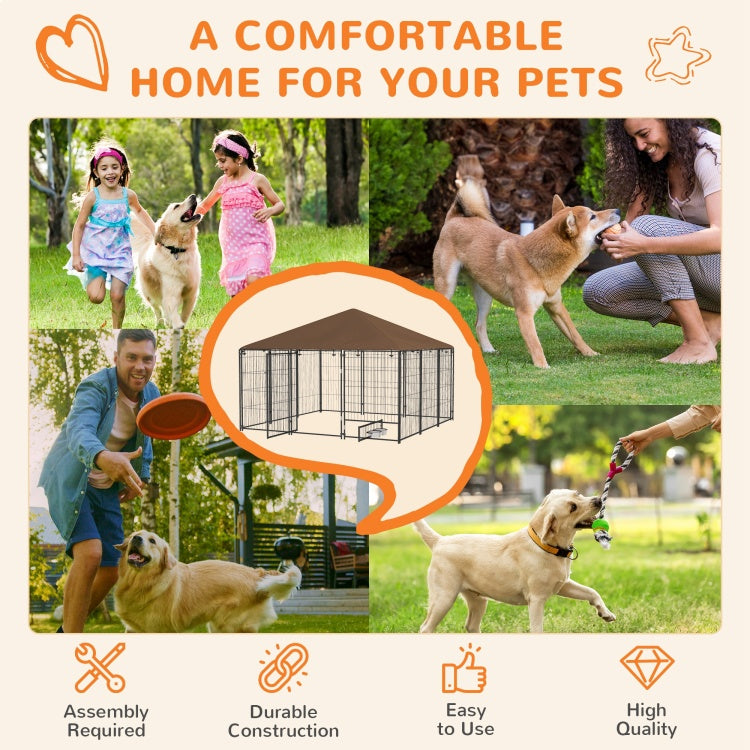 Pawhut Outside Dog Kennel, 6.9' X 6.9' X 5' Puppy Play Pen With Canopy, Garden Playpen Fence Crate Enclosure Cage Rotating Bowl, Coffee