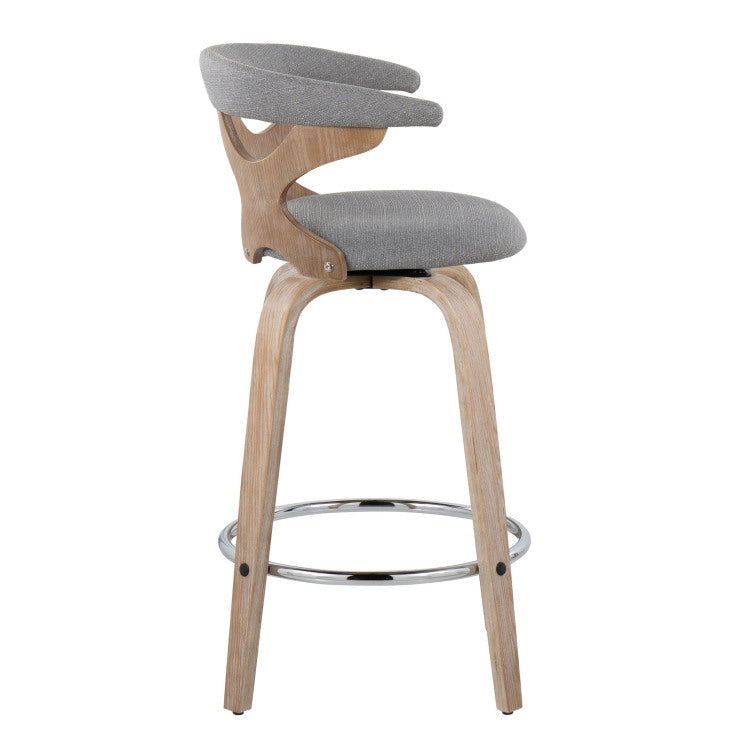 26" Contemporary Fixed Height Counter Stool With Swivel In White Washed Wood And Grey Fabric With Round Chrome Metal Footrest Set Of 2