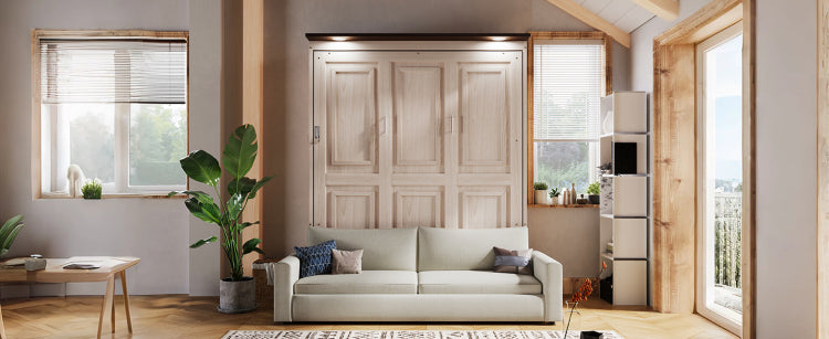 Queen Size Murphy Bed With Sofa And Led, Beige