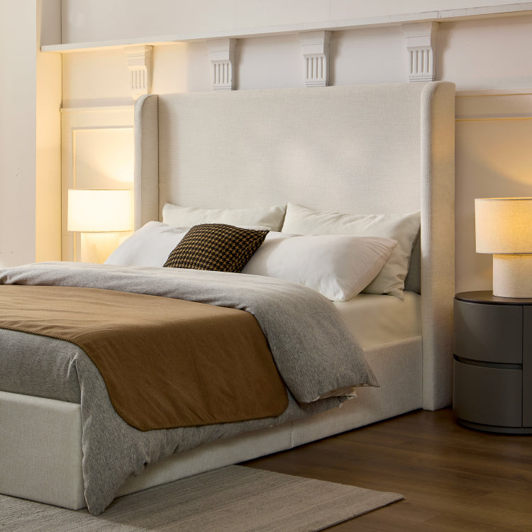 Caron Upholstered Wingback Bed 54" High Headboard Simplicity Minimalist Without Wooden Slats Box Spring Request Easy Assembly Queen Textured Ivory Canvas Chenille