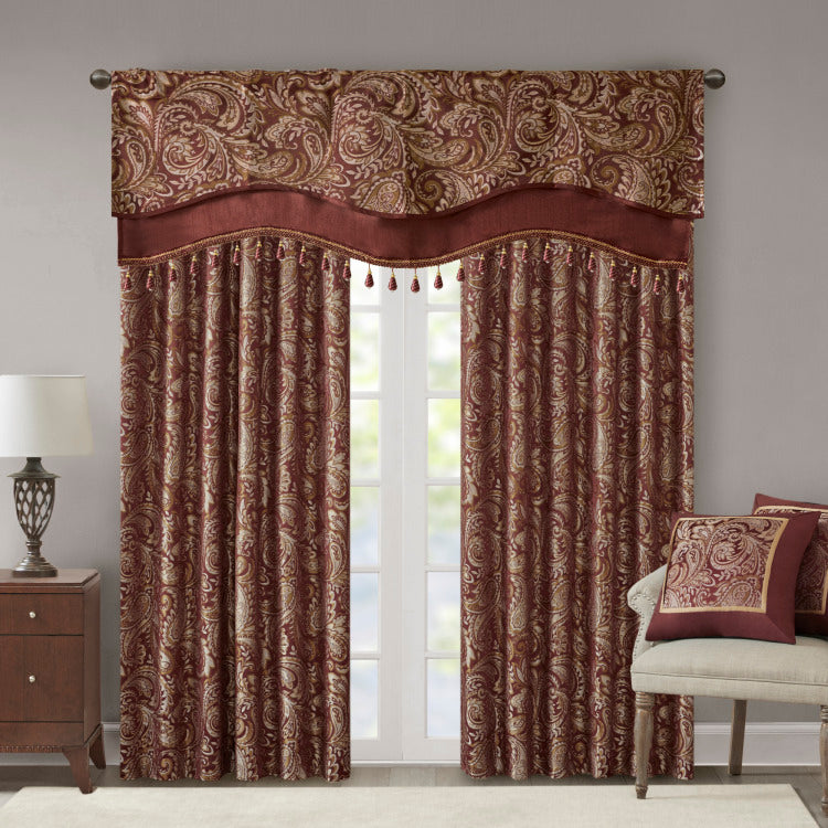 Jacquard Window Rod Pocket Valance With Beads Burgundy 50X18"
