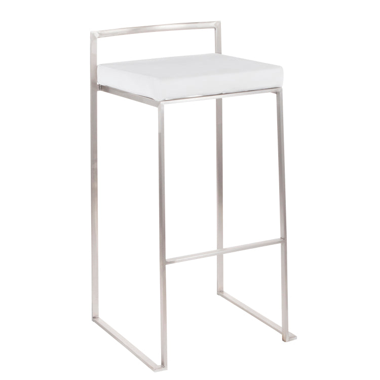 Contemporary Stackable Barstool In Stainless Steel With White Velvet Cushion Set Of 2