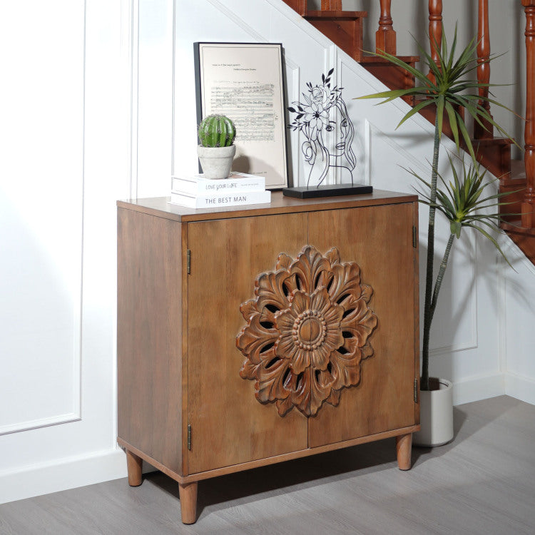 Rustic Hand Carved Wooden 2 Door Cabinet Boho Accent Storage Cabinet With Floral Design, Solid Wood Sideboard For Living Room, Entryway, Or Bedroom