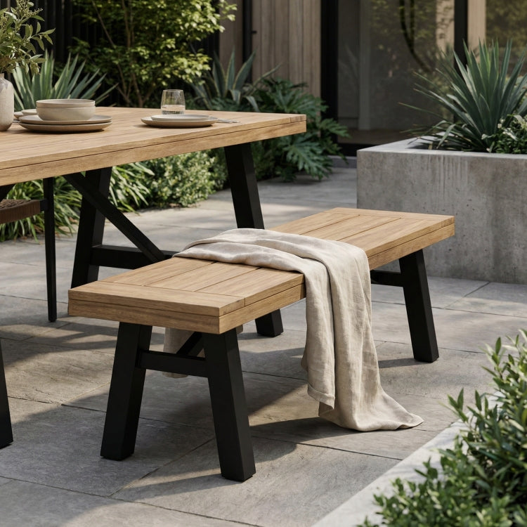 Outdoor Bench With Slat Panel Design And Acacia Wood Frame, Natural And Grey