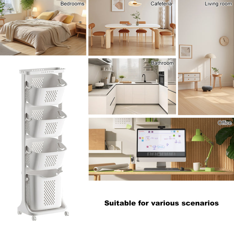 4 Tier Laundry Hamper Sorter, Laundry Storage Organizer With Wheels Removable Rolling Laundry Baskets, Bathroom Cart For Dirty Clothes, White