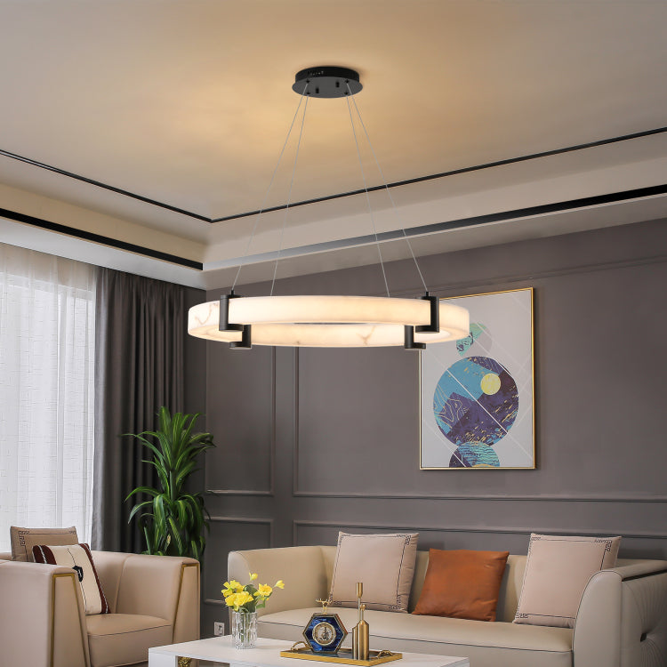 Modern Led Pendant Light, 24 Inch Round Hanging Chandelier With Adjustable Height, Imitation Marble Finish Resin Ring Ceiling Light For Dining Room, Kitchen Island, Living Room
