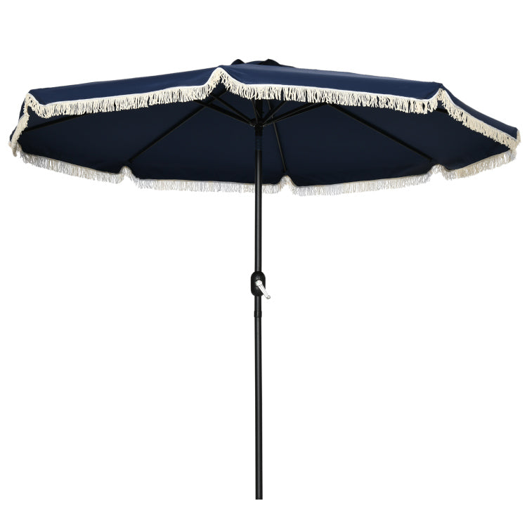 Outsunny 9Ft Patio Umbrella With Push Button Tilt And Crank, Ruffled Outdoor Market Table Umbrella With Tassles And 8 Ribs, For Garden, Deck, Pool, Dark Blue