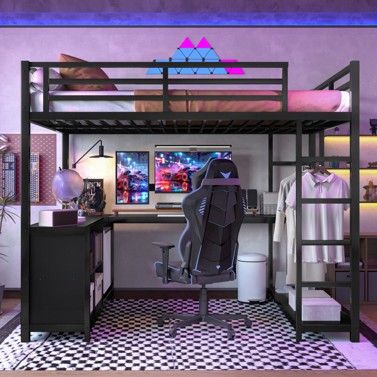 Metal Loft Bed With Wardrobe And L Shaped Desk, Full Size Loft Bed With Storage Cubes And Shelves, Loft Bed For Kids Teens Adults, Black