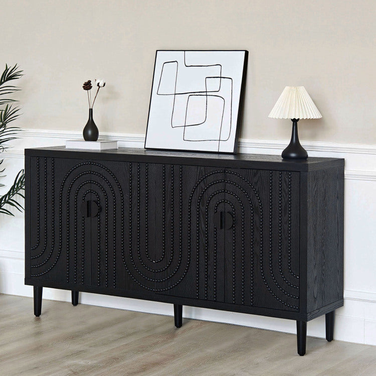 Modern Black Sideboard Cabinet With Decorative Nailhead Accents, Stylish Storage Solution For Dining & Living Rooms
