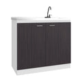 Napoles Utility Sink With Faucet Inclued And Integrated Stainless Steel Counter Top, Freestanding Cabinet With Two Doors, Metal Handles And Two Interior Shelves, Black & White Print
