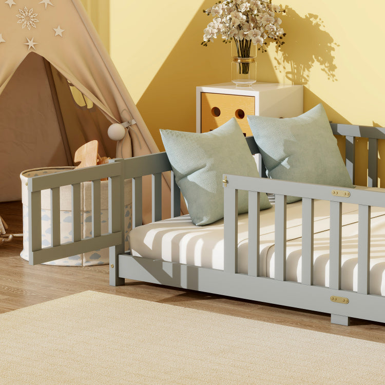 Full Size Floor Bed With Fence And Door,Rubber Wood Floor Bed With Safety Guardrails,Grey