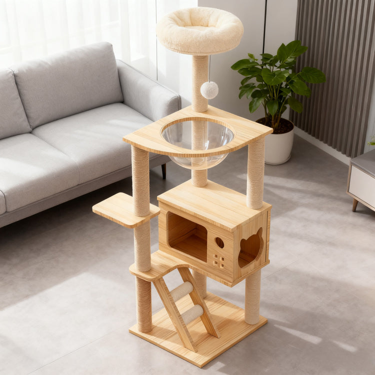 48.8" Modern Cat Tower, Wood Cat Tree Tower For Indoor Cats, Cat Treewith Sisal Covered Scratching Posts And Top Perch, Cat Condo With Acrylic Hammock For Small Large Cats