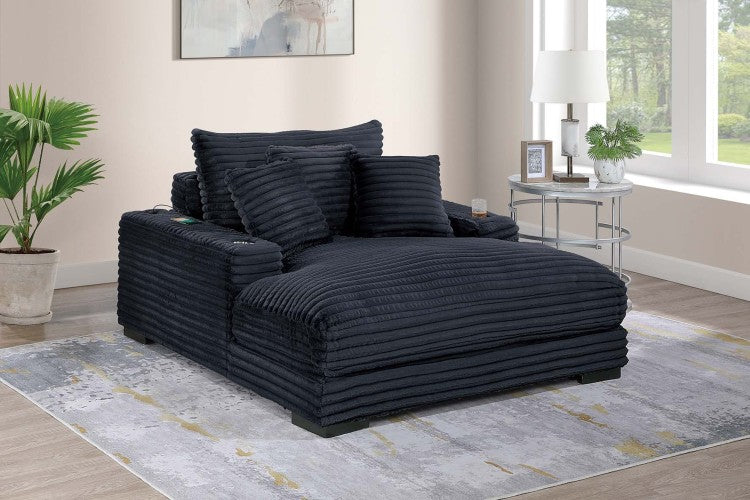 Modern Chaise Lounge W 2 Cup Holders Usb Ports Black Corduroy Wooden Legs Pillows Plush Couch Sofa Chaise