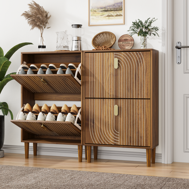 Shoe Storage Cabinet With 2 Flip Drawers,Free Standing Shoe Cabinet With Metal Handles For Entryway,Shoe Rack Cabinet With Line Groove Design,23.6"W