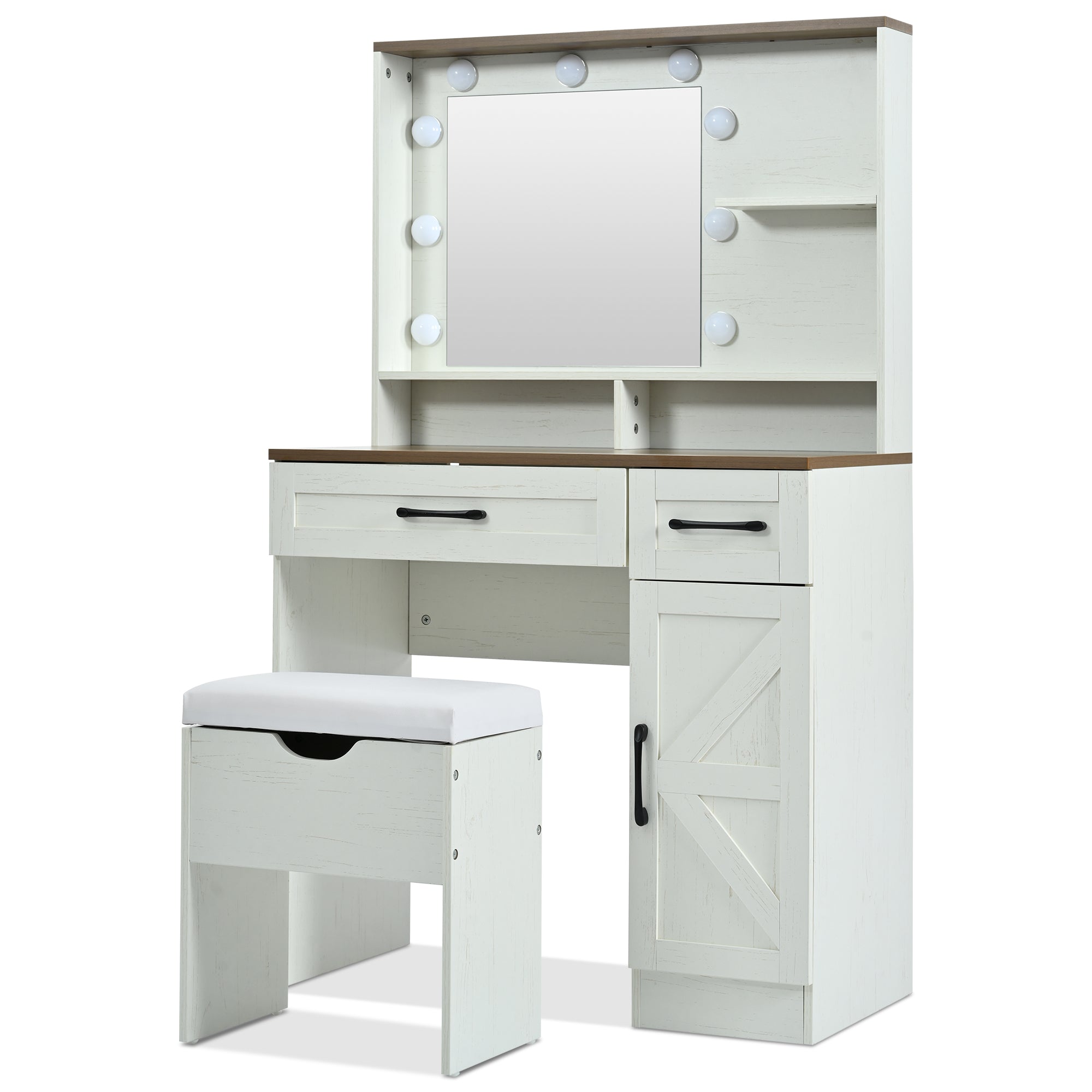 Farmhouse Makeup Vanity Desk With Mirror And Lights, 3 Lighting Modes, Vanity Set With Stool, Dressing Table With Adjustable Shelves,2 Drawers And Side Cabinet For Bedroom, White