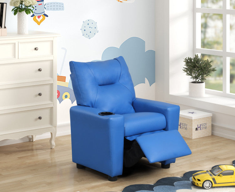 Evelyne 23"W Blue Pu Leather Kids Recliner Chair With Cupholder