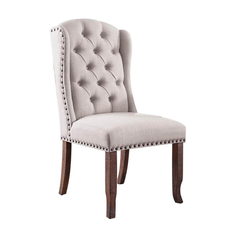 Contemporary Ivory Beige Fabric 2Pcs Side Chairs Tufted Wingback Design Rustic Oak Solidwood Back Dining Chairs Furniture