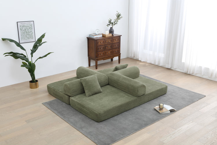 Convertible Sleeper Sofa Bed With Cylindrical Pillow Corduroy Folding Mattress Couch With Fixed Shape Frame For Living Room, Bedroom, Lounge, Studio Light Green
