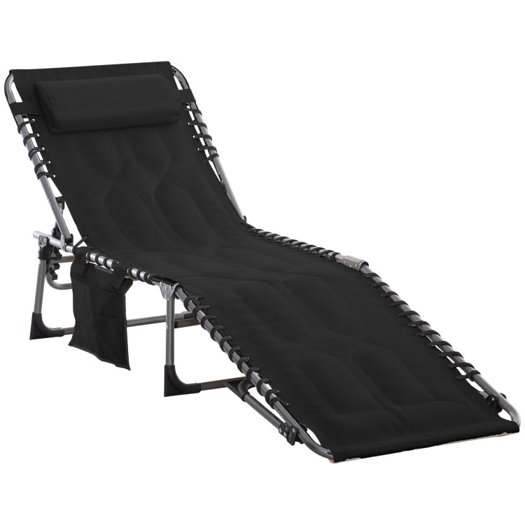 Outsunny Padded Folding Chaise Lounge Chair, Outdoor 6 Level Reclining Camping Tanning Chair With Headrest For Beach, Yard, Patio, Pool, Black