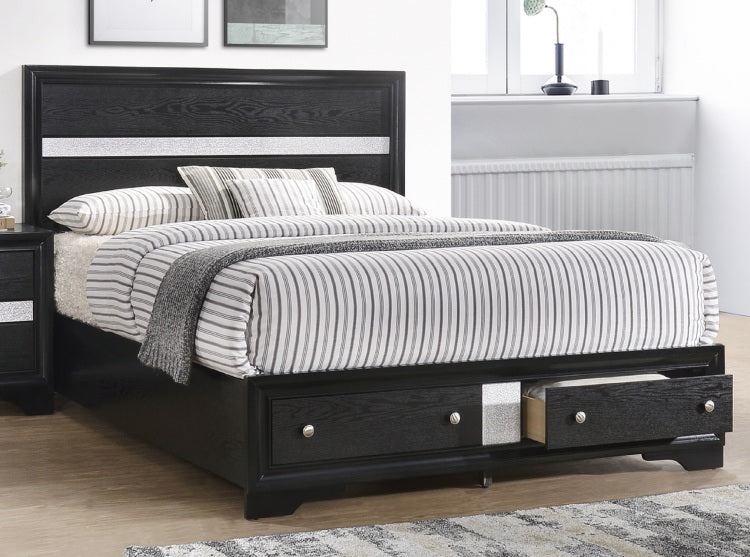 1Pc Queen Platform Bed Storage Drawers Shimmering Silver Accent Black Silver Finish Solid Wood