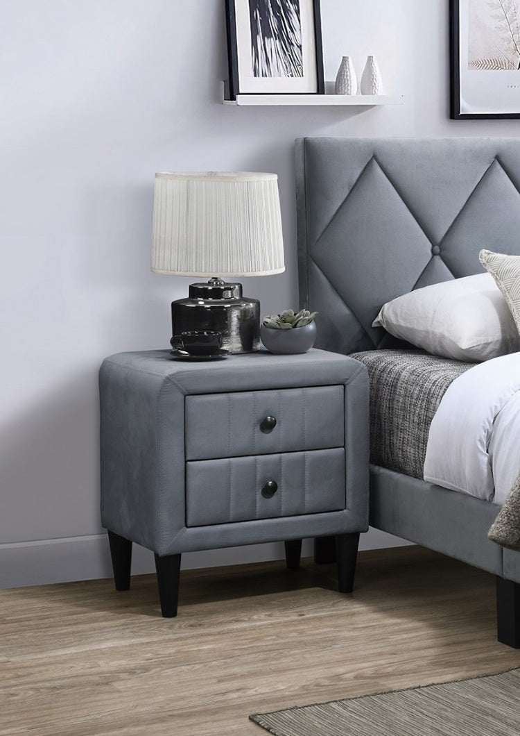 Grey Color Velvet Gorgeous 1Pc Nightstand Bedside Table 2X Drawers Bedroom Furniture Sleek Design Tempered Legs