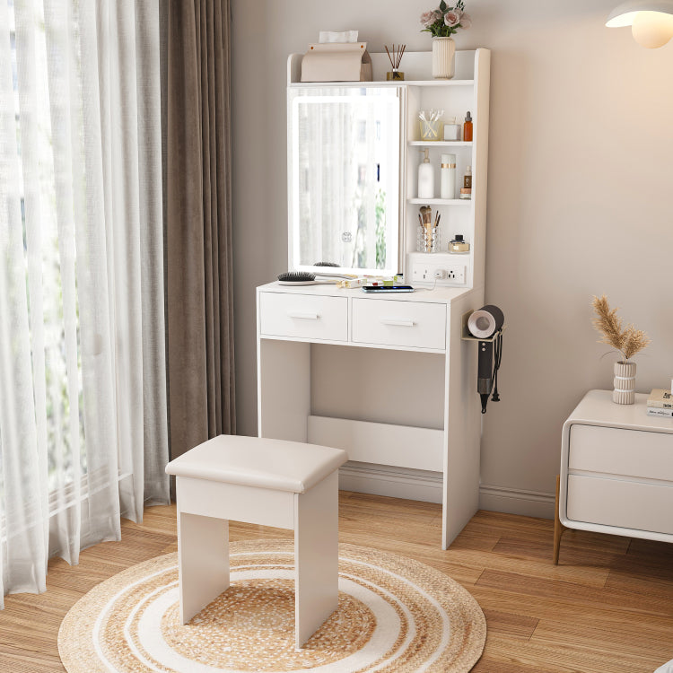 Small Makeup Vanity Desk With Mirror & Adjustable Led Lights,Built In Power Outlet & Hidden Storage, Includes Padded Stool & Shelf,Space Saving Dressing Table For Small Bedrooms,White