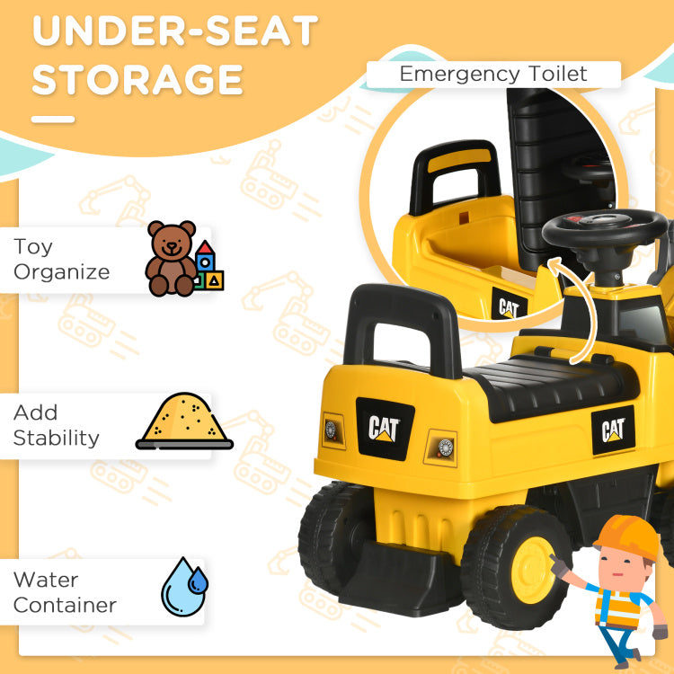 Aosom Ride On Excavator For Kids, Caterpillar Cat Licensed Ride On Digger Construction Vehicles With Manual Shovel, Horn, Hidden Storage, Foot To Floor No Power Kids Ride On Car For 1.5 3 Years