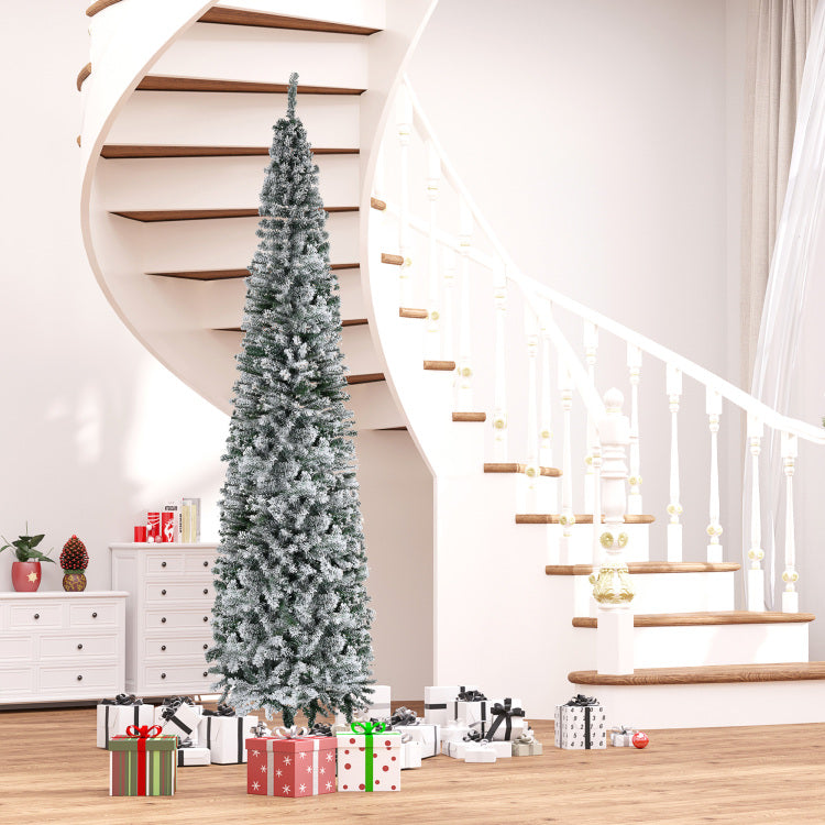 Homcom 9' Tall Unlit Snow Flocked Slim Artificial Christmas Tree With Realistic Branches And 1014 Tips