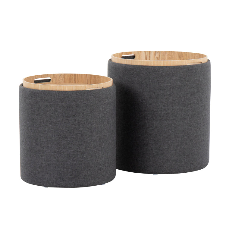 Contemporary Nesting Ottoman Set In Charcoal Fabric And Natural Wood