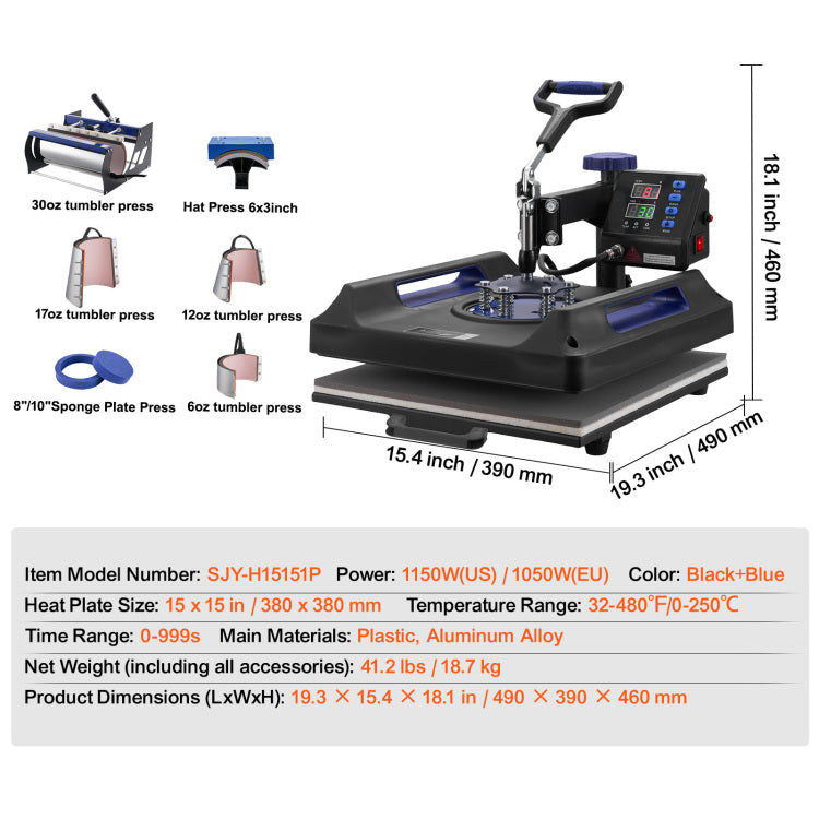 8 In 1 Heat Press Machine 15X15 In 30Oz Tumbler Press T Shirts Black Blue