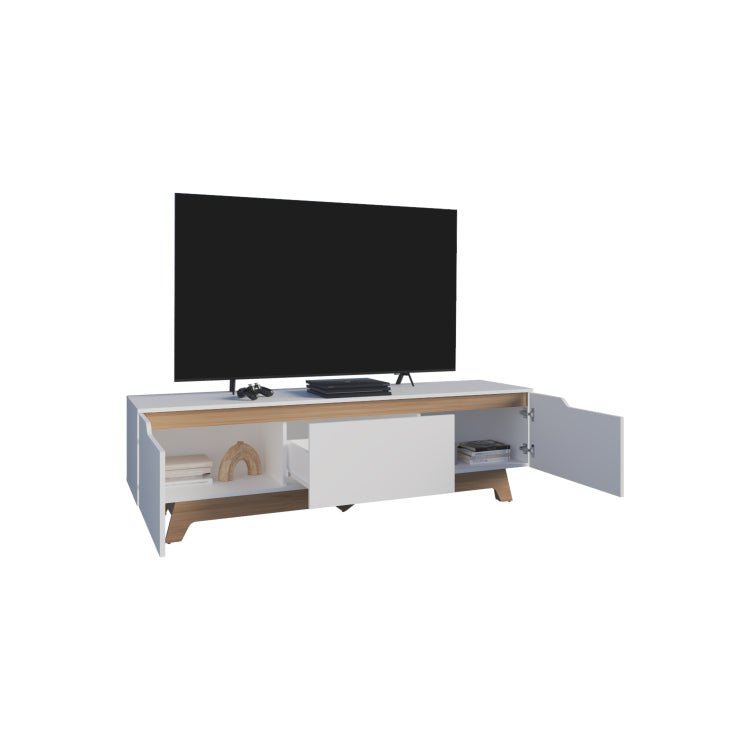 Woodall Tv Stand, Two Doors Modern Entertainment Center, Open Shelves And Cable Management, White Natural Oak