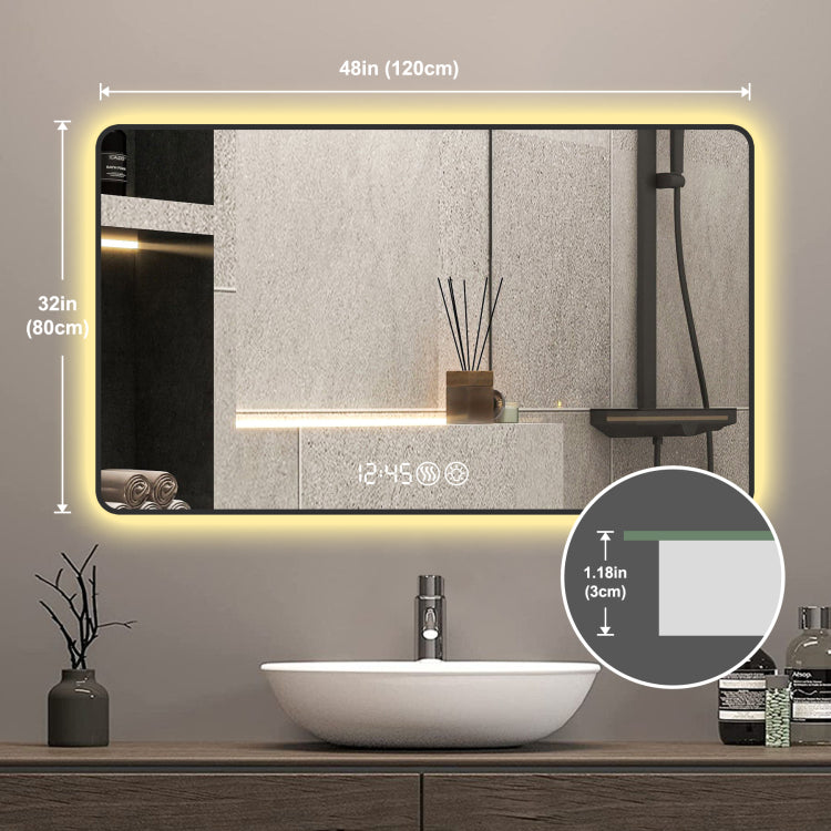 48X32 Black Frame Wall Mirror With Rounded Corners Vanity Mirror, Temperature Display, Tri Color Light, Defogging, High Quality Aluminum Alloy Frame, High Definition Tempered Glass