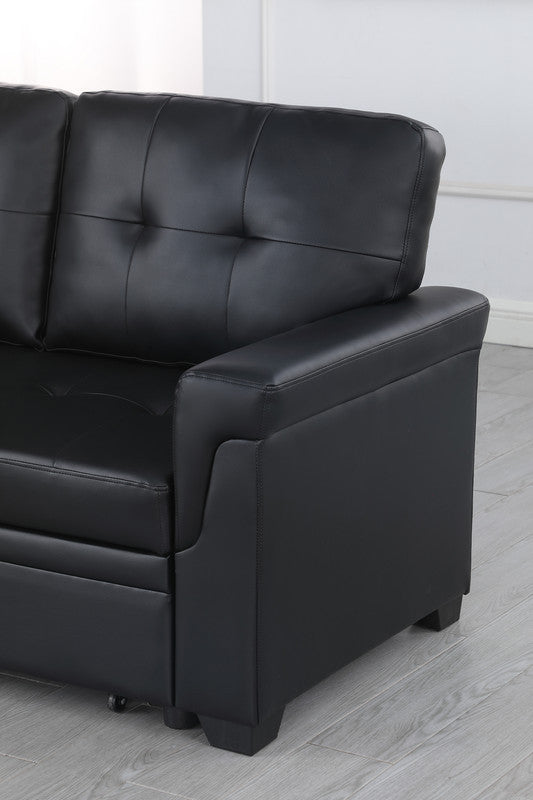 Jardin 84"W Black Vegan Leather Modern Reversible Sleeper Sectional Sofa With Storage Chaise