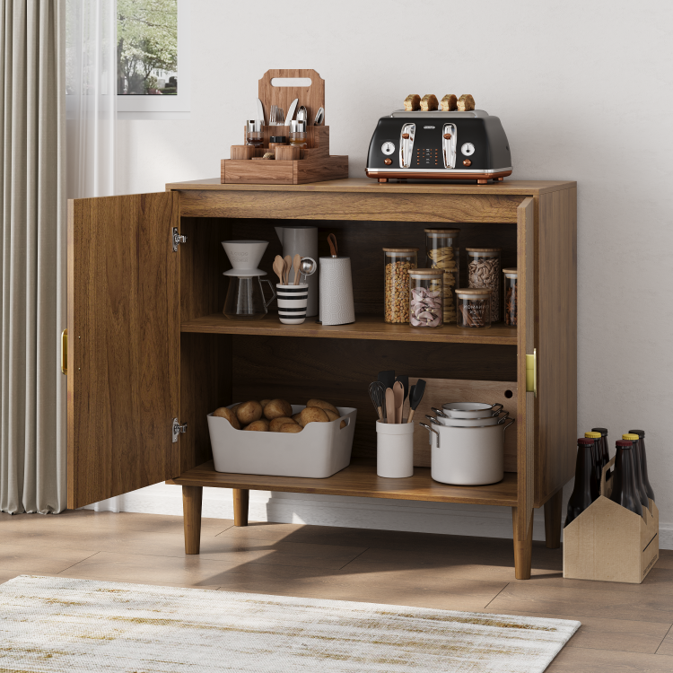 Walnut Wood Buffet Cabinet With Line Groove Design,Sideboard Buffet Cabinet With Storage,Multifunctional Accent Cabinet For Living Room,Entryway,Hallway,Office,Kitchen