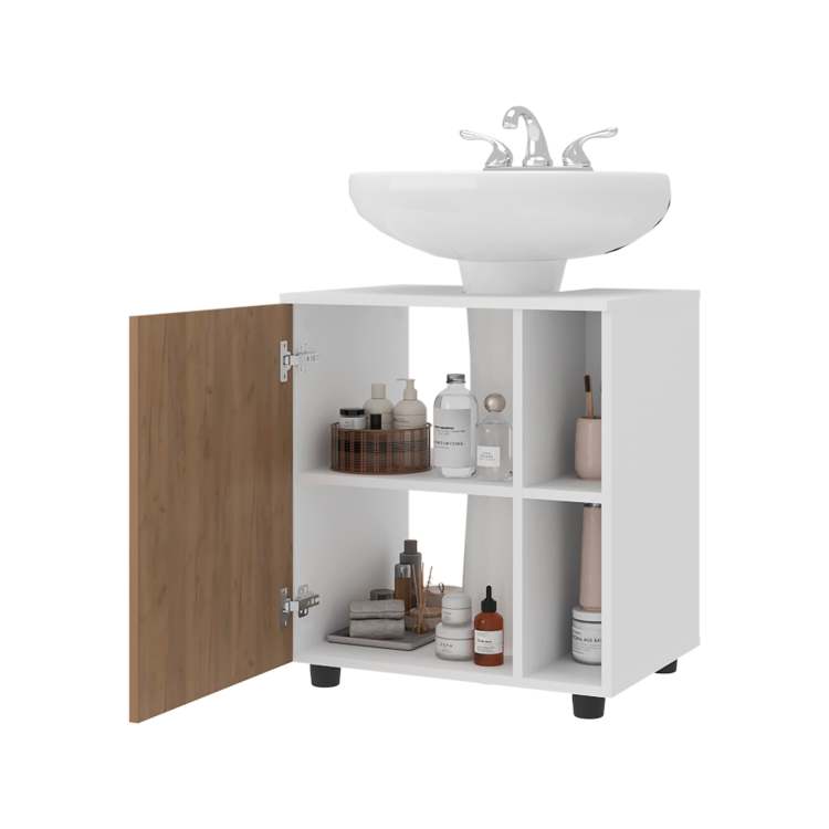 White And Natural Oak 1 Door Pedestal Sink Cabinet With 5 Open Compartments