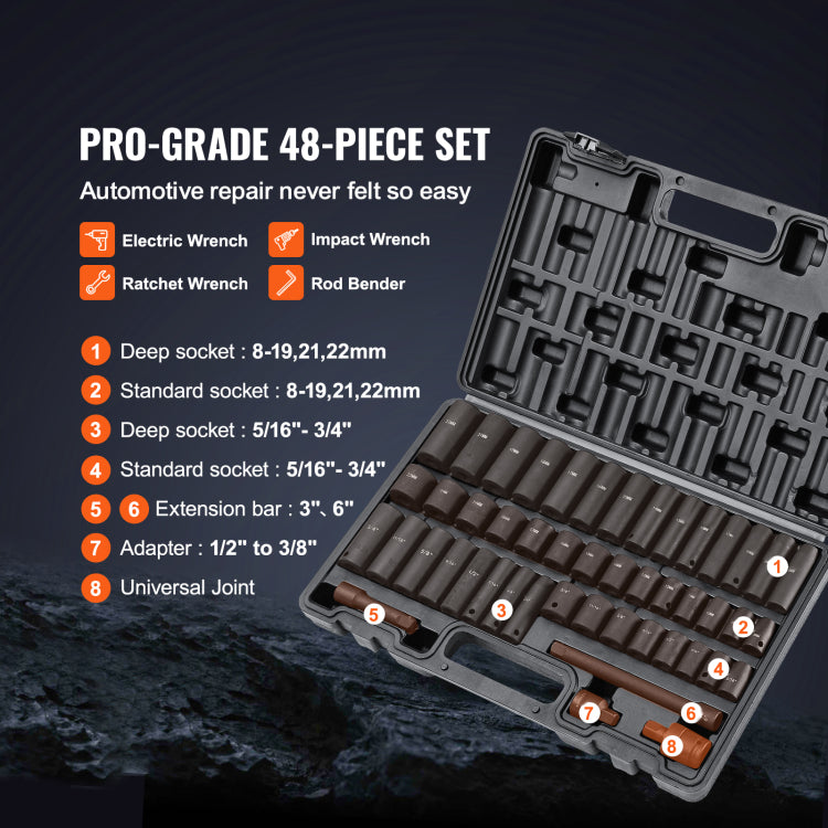 3 8 Inch Drive Impact Set, 48 Piece Socket Set Sae 5 16" 3 4" And Metric 8 22Mm 6 Point Cr V Drive Extension Bar Universal Joint & Drill Adapter, With Storage Case