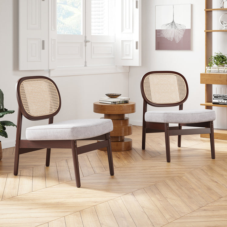 Rattan Accent Chair, Upholstered Living Room Chair With Rattan Back & Wood Frame, Mid Century Modern Reading Chair For Living Room, Bedroom, Beige