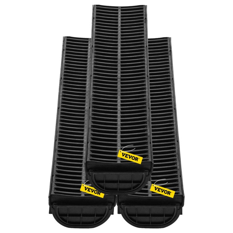 Trench Drain System, 5.7X3.1X39 Inch Hdpe Drainage Trench,Channel Drain With Plastic Grate, Black Plastic Garage Floor Drain, 3X39 Trench Drain Grate, For Garden, Driveway 3 Pack